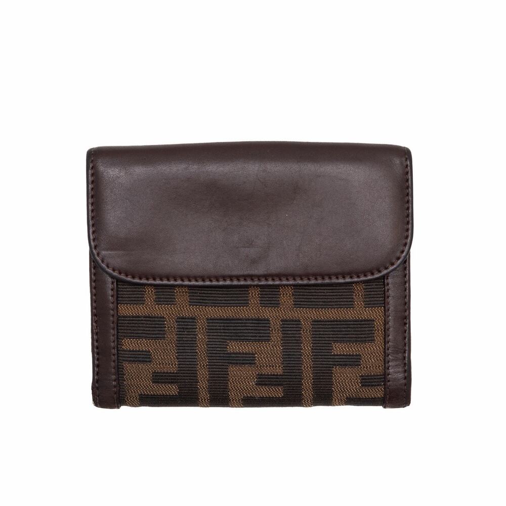 VTG FENDI Zucca FF Monogram Logo Compact Bifold Wallet Brown Canvas Leather